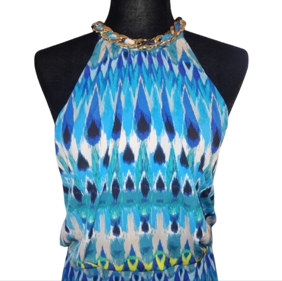 NEW Dress Barn Blue Patterned Maxi Dress w/Gold Chain Accent Collar Size: 6 - Picture 3 of 9